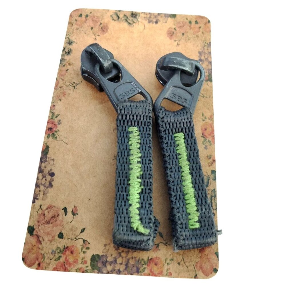 Upcycled Zipper Pull Earrings Gray Green Post Backs